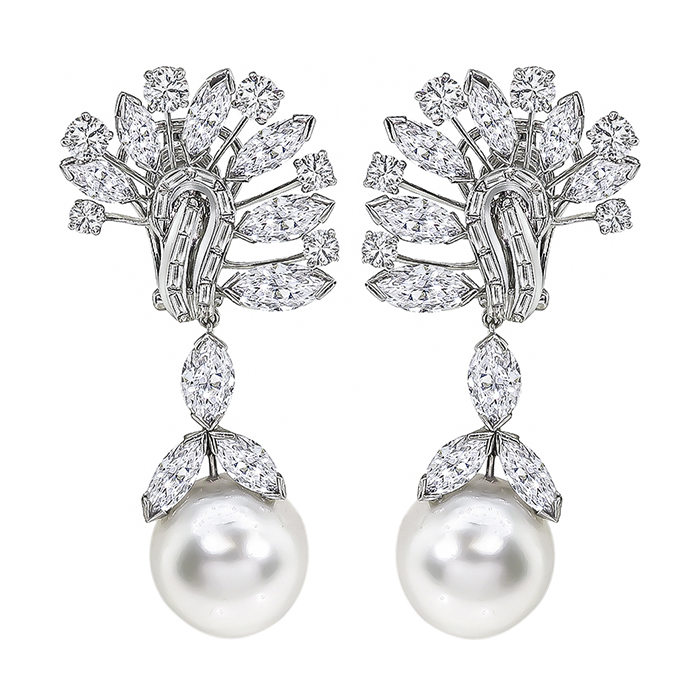 David Webb Diamond Pearl Platinum Chandelier Earrings