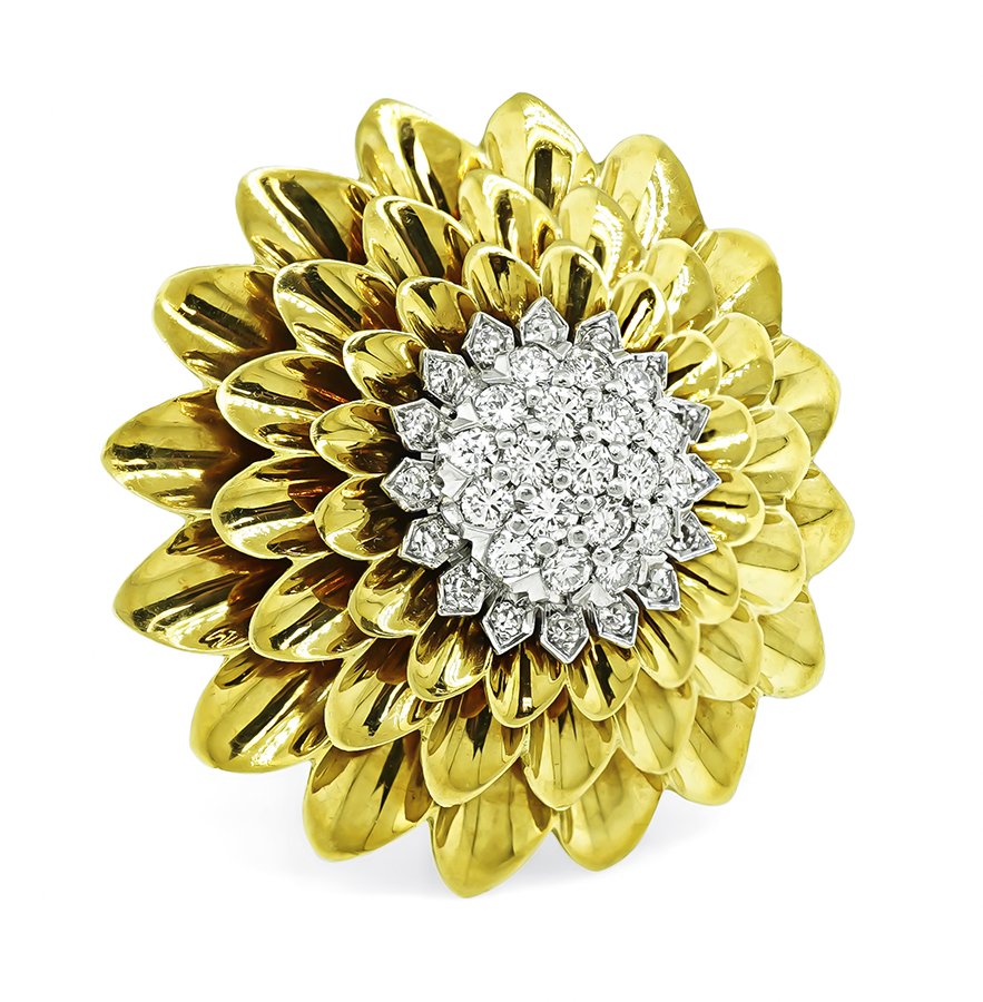 Estate 2.00ct Diamond Gold Flower Pin