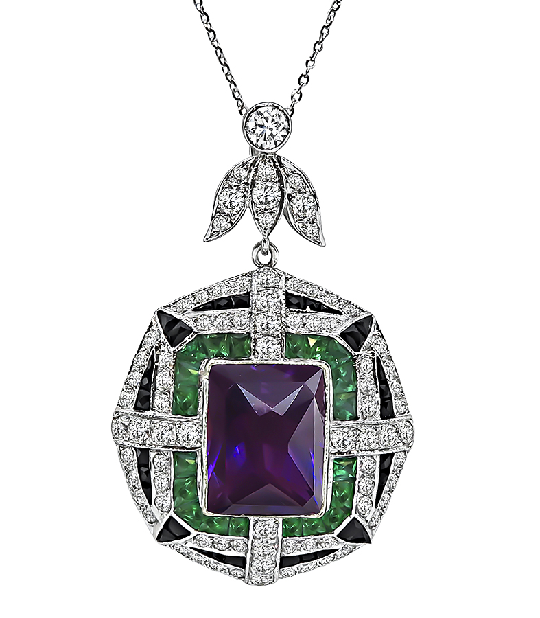 Art Deco Style 15.00ct Amethyst 2.00ct Diamond Pendant Necklace