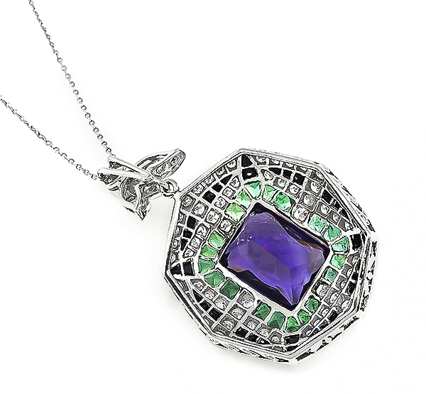 Art Deco Style 15.00ct Amethyst 2.00ct Diamond Pendant Necklace