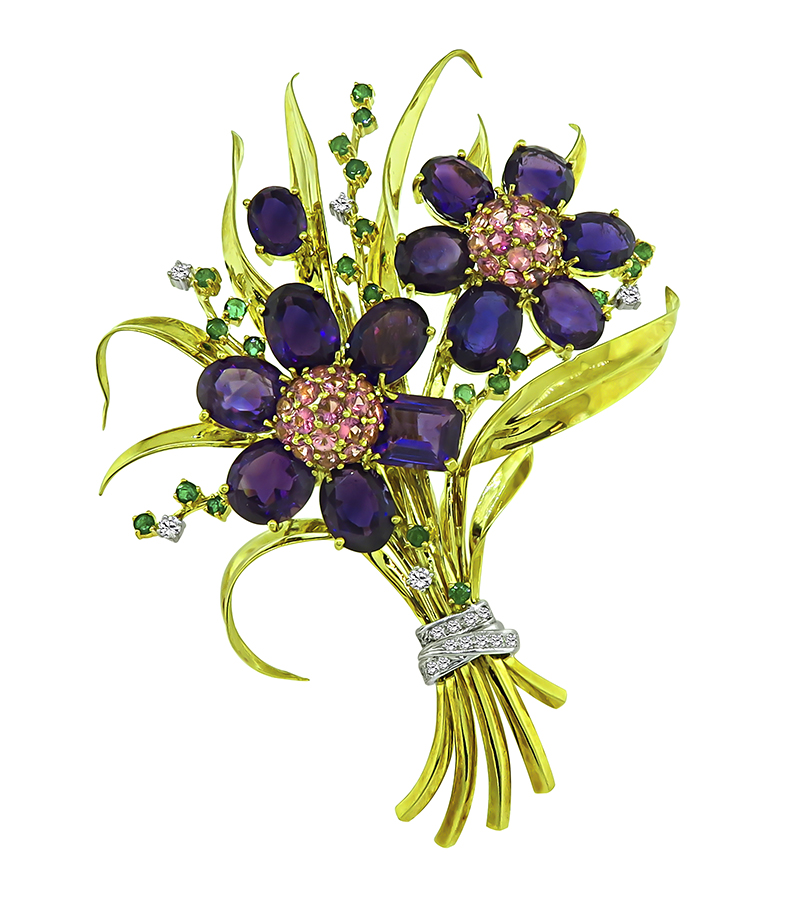 Estate Multi Color Gemstone Gold Flower Pin