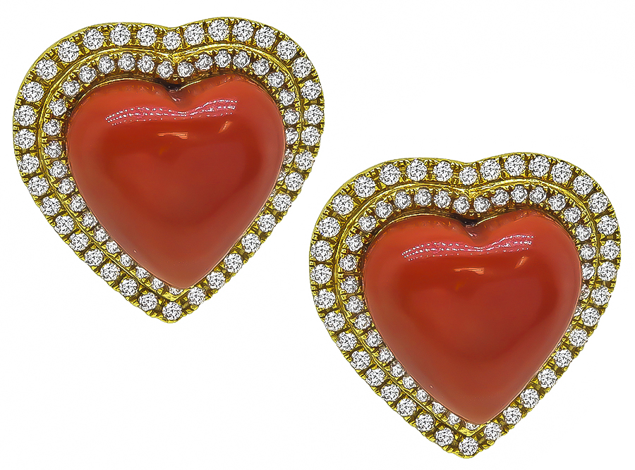 Estate Coral 0.75ct Diamond Heart Earrings