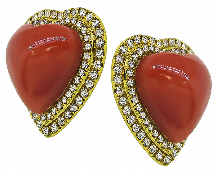 Estate Coral 0.75ct Diamond Heart Earrings