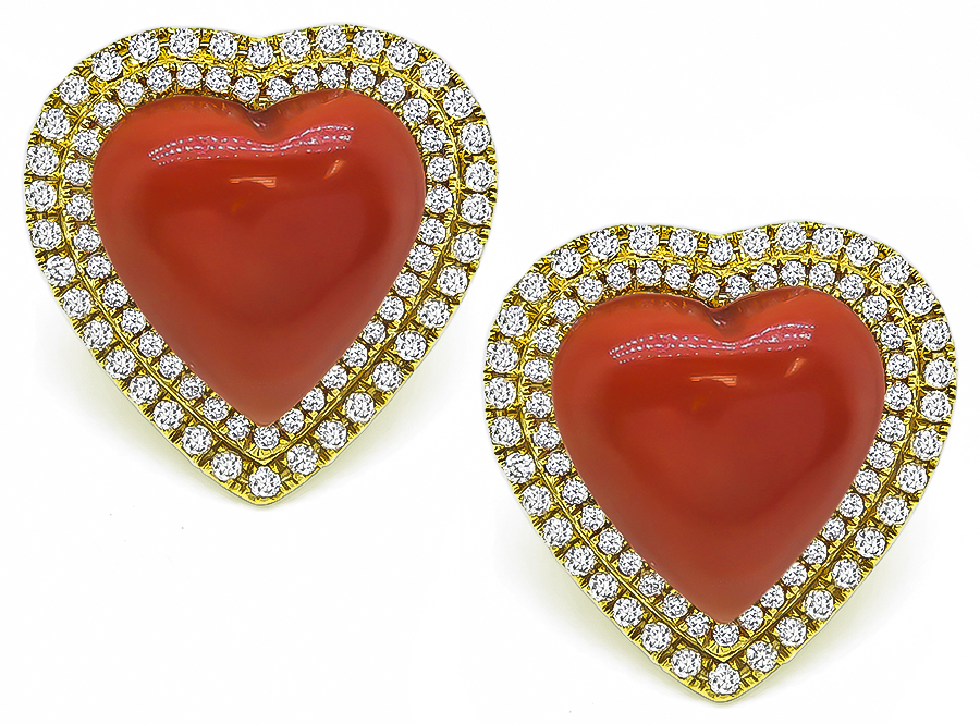 Estate Coral 0.75ct Diamond Heart Earrings