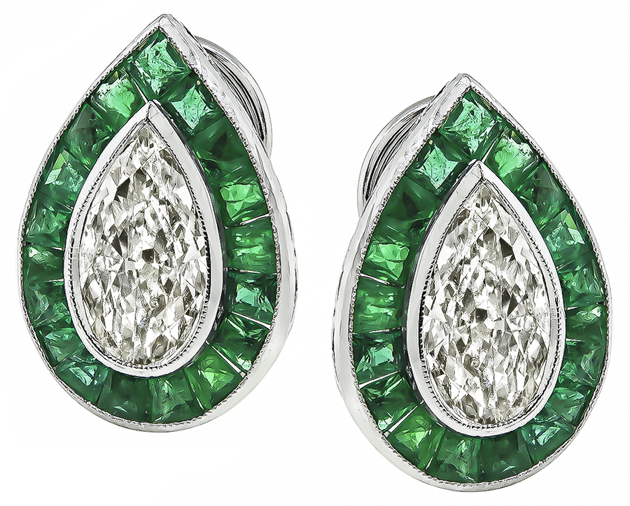 Estate 4.20ct Diamond Emerald Pear Shape Earrings