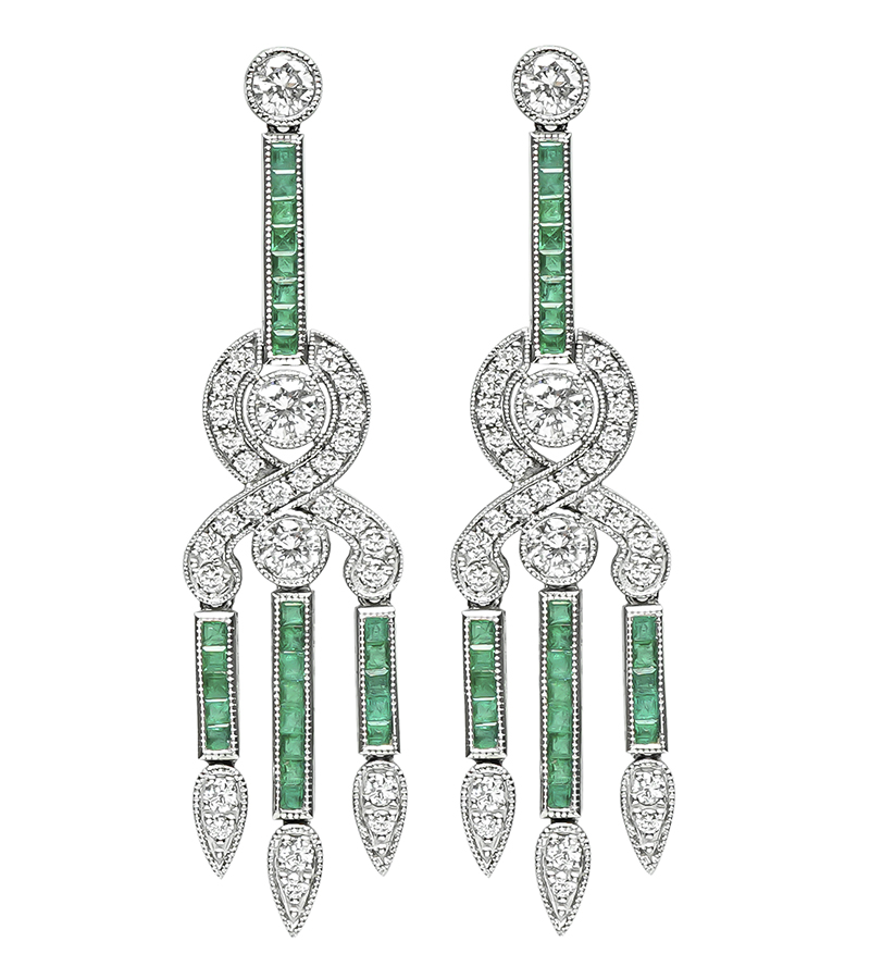 Estate 2.18ct Diamond 1.44ct Emerald Dangling Earrings