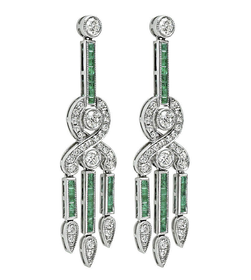 Estate 2.18ct Diamond 1.44ct Emerald Dangling Earrings