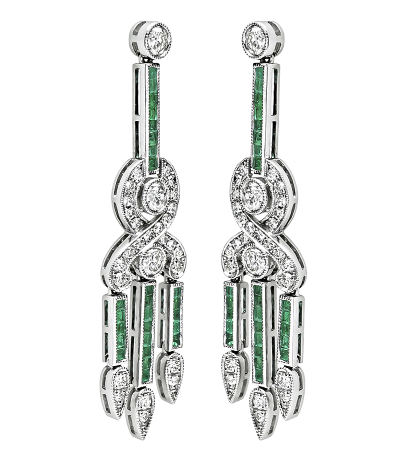 Estate 2.18ct Diamond 1.44ct Emerald Dangling Earrings