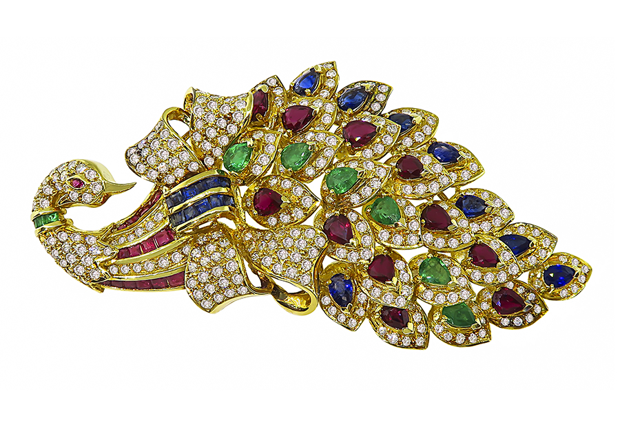 Estate 9.29ct Emerald Ruby Sapphire 4.53ct Diamond Peacock Pin