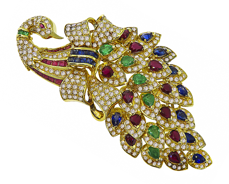 Estate 9.29ct Emerald Ruby Sapphire 4.53ct Diamond Peacock Pin