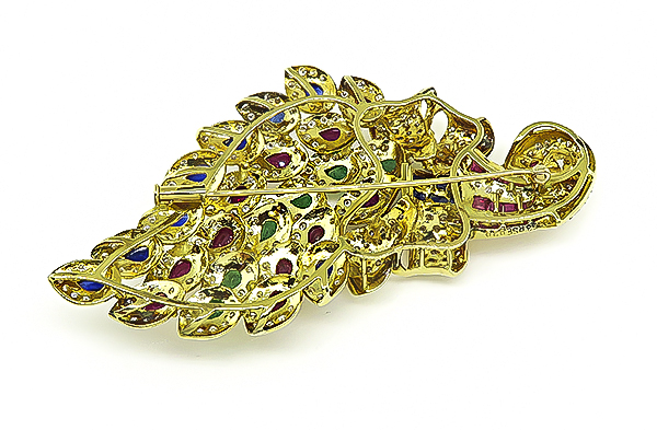 Estate 9.29ct Emerald Ruby Sapphire 4.53ct Diamond Peacock Pin