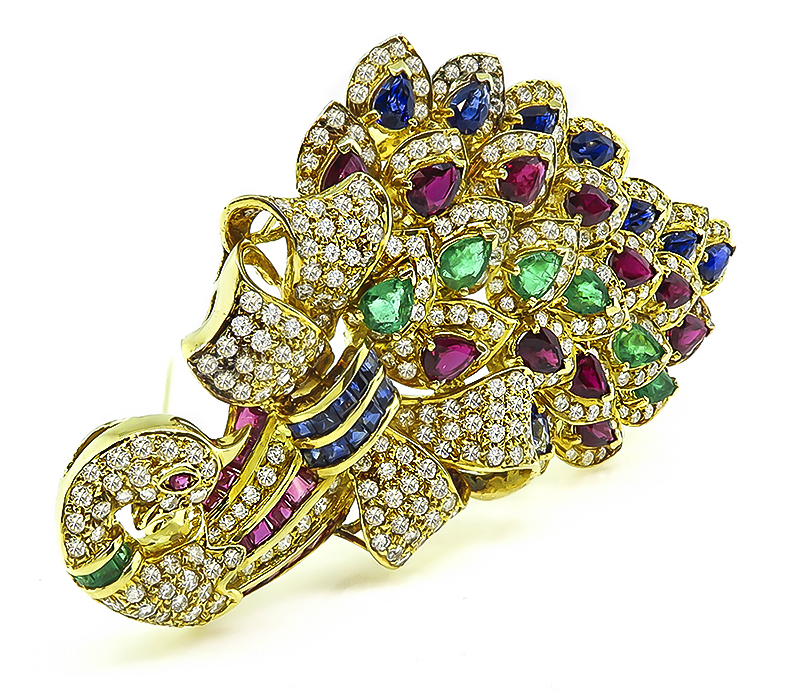 Estate 9.29ct Emerald Ruby Sapphire 4.53ct Diamond Peacock Pin