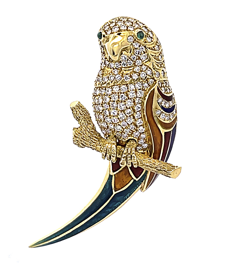 Estate 1.00ct Diamond Enamel Gold Bird Pin