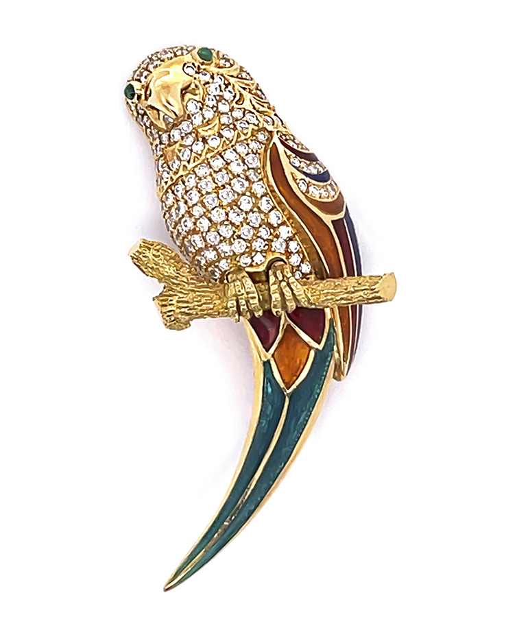 Estate 1.00ct Diamond Enamel Gold Bird Pin