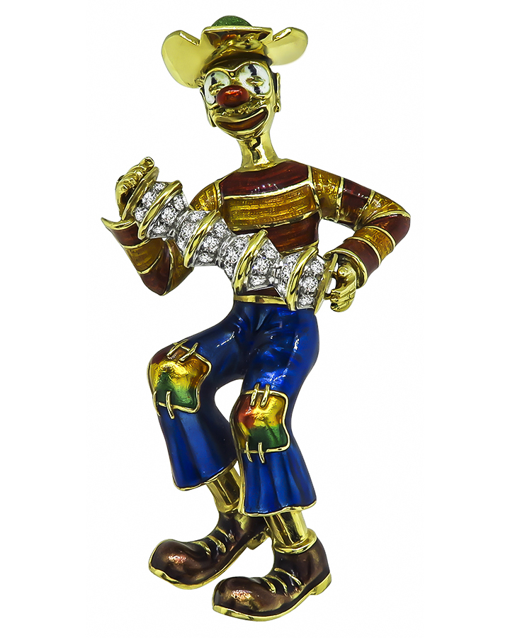 Estate 1.00ct Diamond Enamel Gold Clown Pin / Pendant