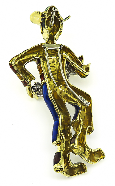 Estate 1.00ct Diamond Enamel Gold Clown Pin / Pendant
