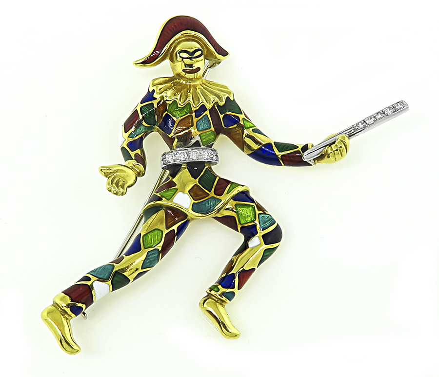 Estate Diamond Enamel Gold Clown Pin / Pendant