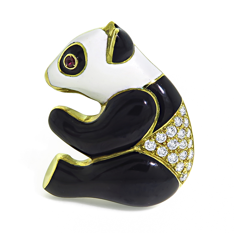 Estate 0.25ct Diamond Enamel Gold Panda Pin