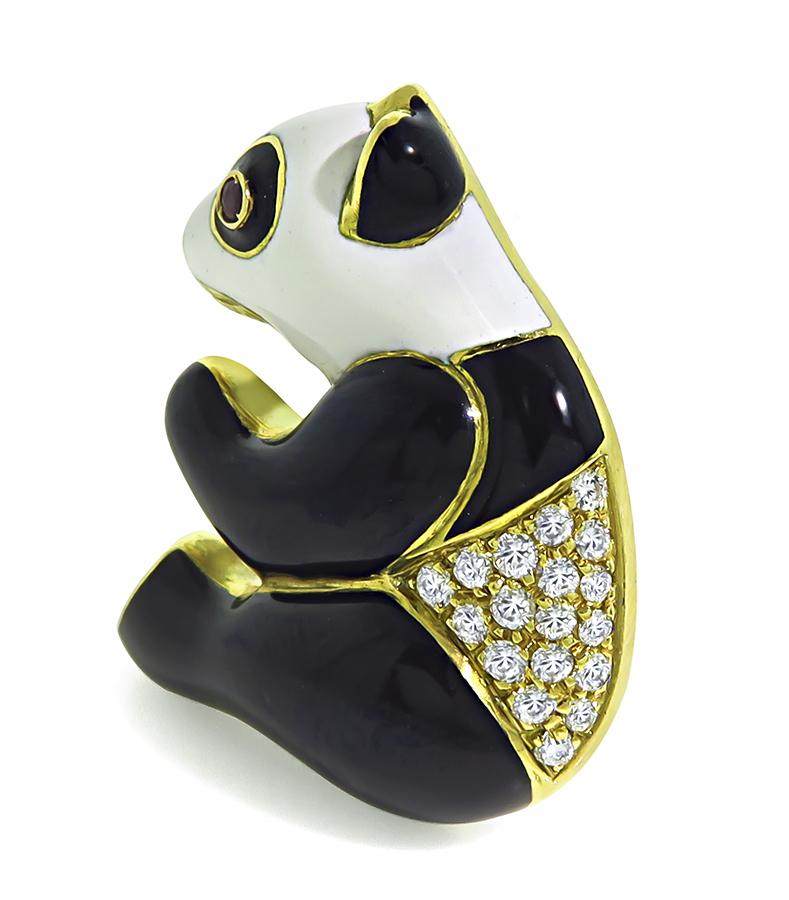 Estate 0.25ct Diamond Enamel Gold Panda Pin