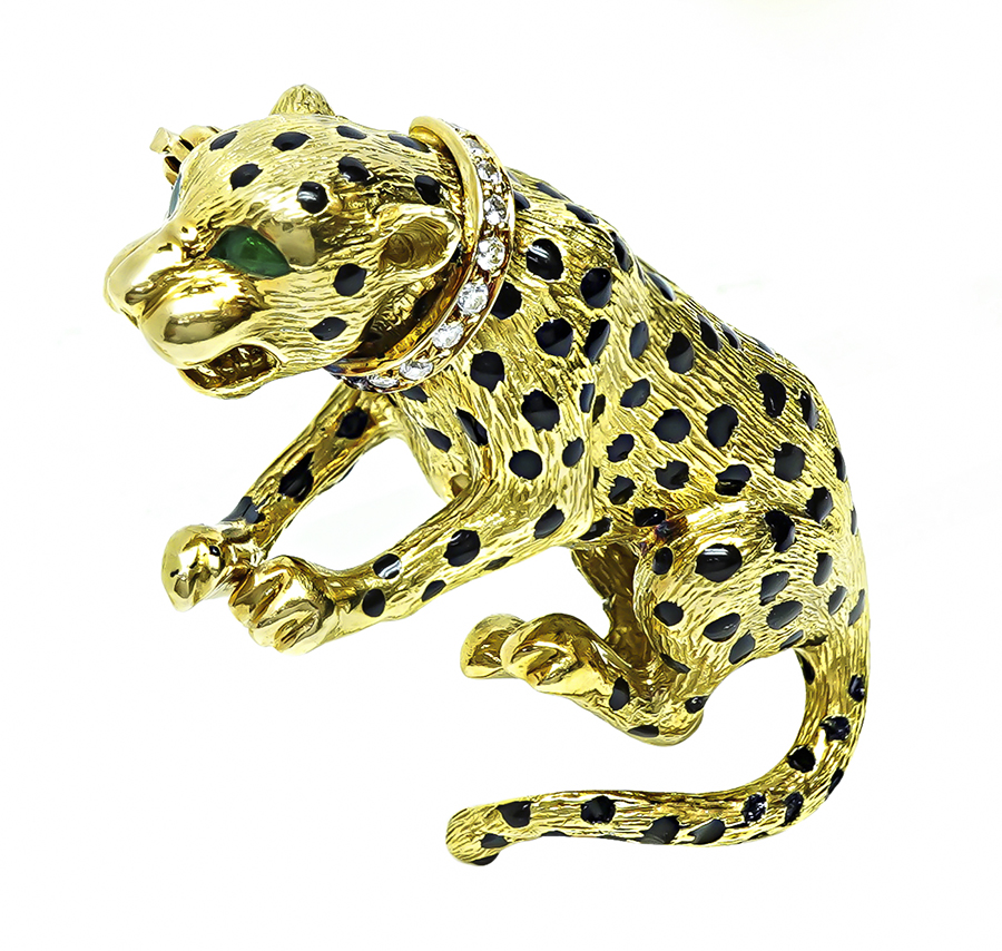 Estate Diamond Enamel Gold Panther Pin