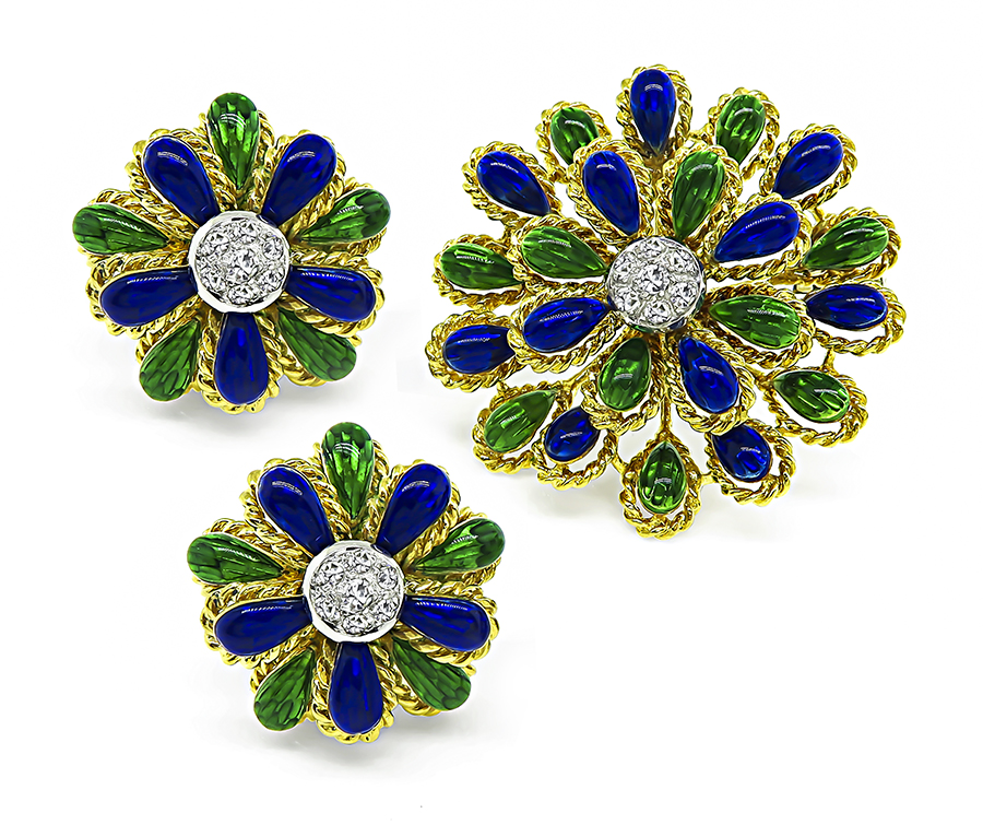 Estate Enamel 0.60ct Diamond Pin and Earrings Set