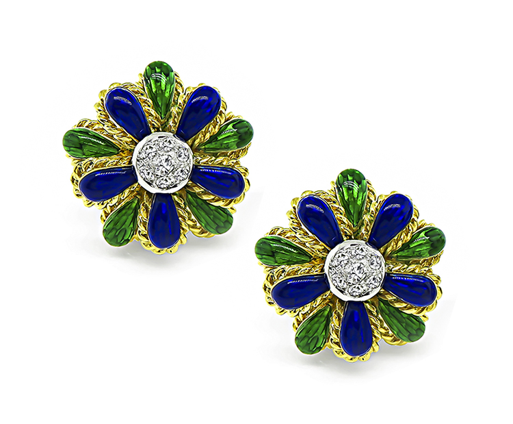 Estate Enamel 0.60ct Diamond Pin and Earrings Set