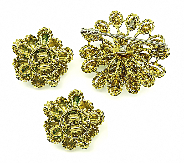 Estate Enamel 0.60ct Diamond Pin and Earrings Set