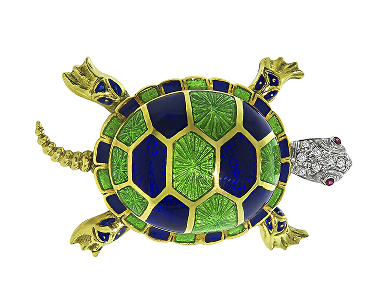 Estate Enamel Diamond Gold Turtle Pin