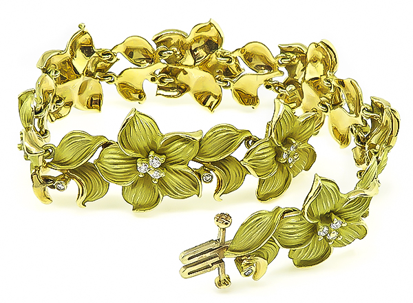 Estate 1.00ct Diamond Gold Magnolia Flower Bracelet