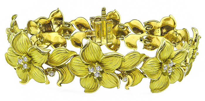 Estate 1.00ct Diamond Gold Magnolia Flower Bracelet
