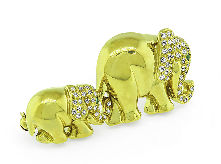 Estate 1.25ct Diamond Emerald Gold Mother and Child Elephant Pin