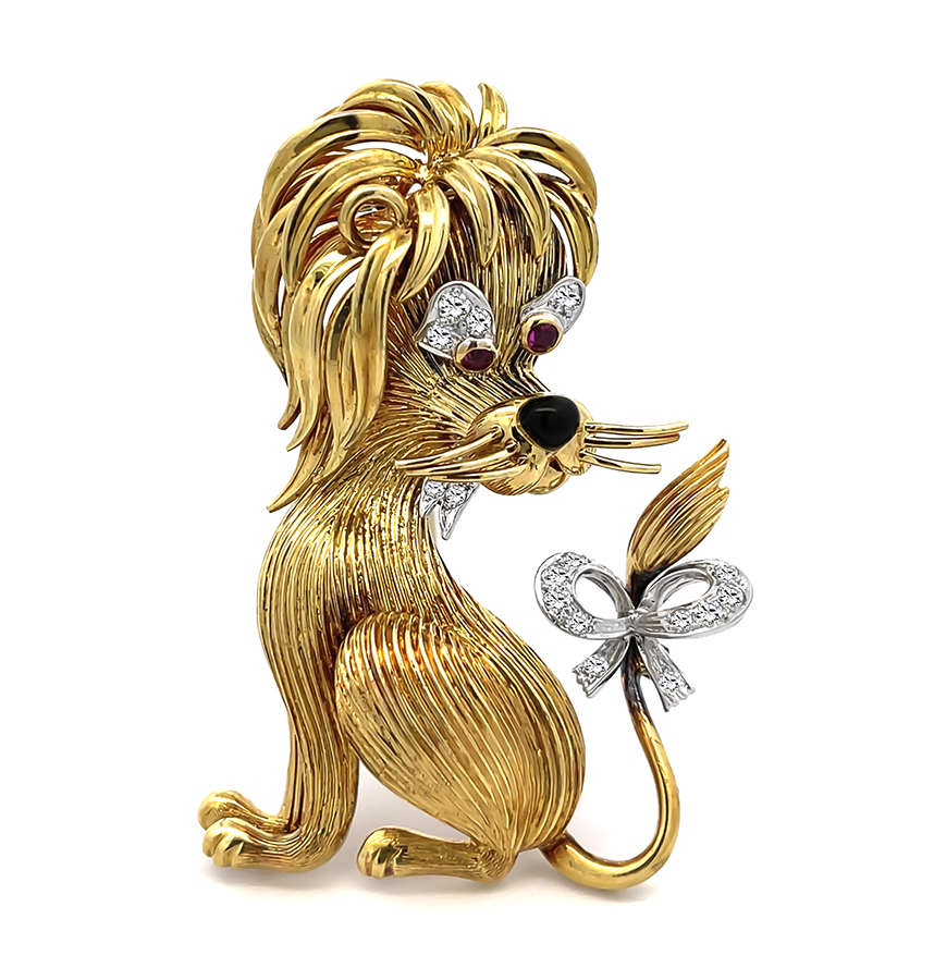 Estate Diamond Ruby Onyx Gold Lion Pin