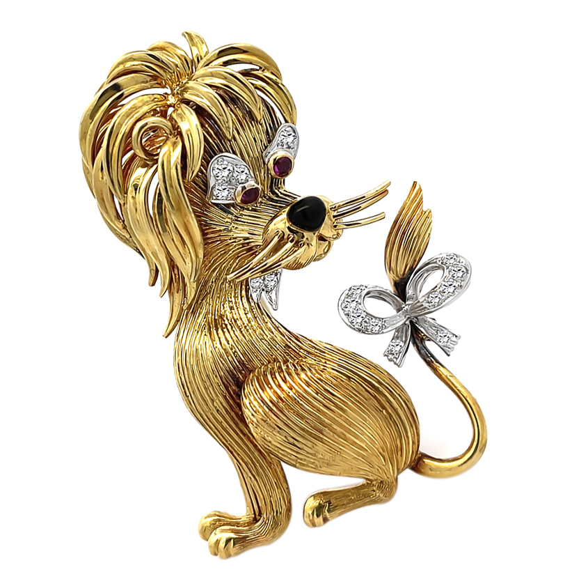 Estate Diamond Ruby Onyx Gold Lion Pin