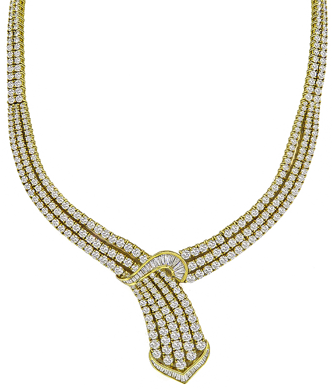 Round and Baguette Cut Diamond 18k Yellow Gold Necklace