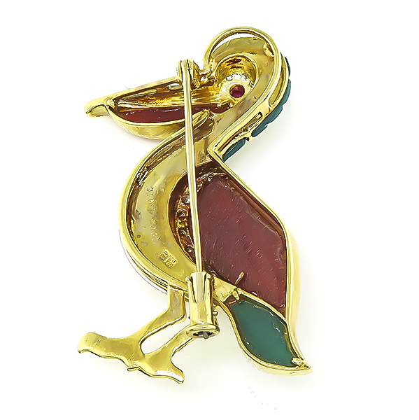 Estate Diamond Ruby Mother of Pearl Coral Chalcedony Gold Pelican Pin