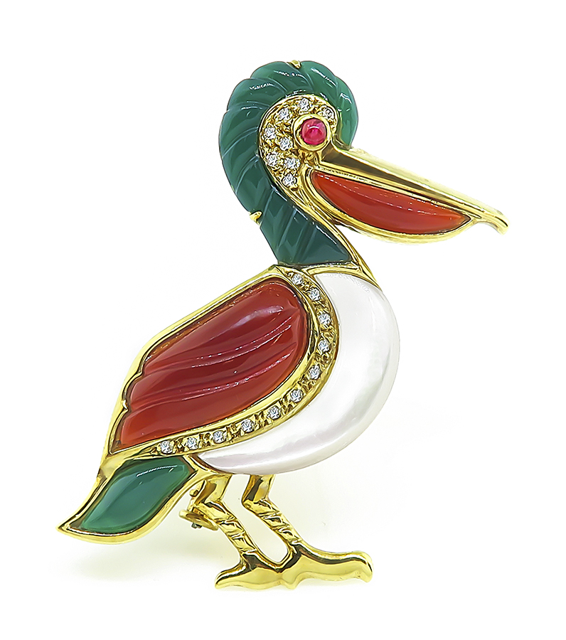 Estate Diamond Ruby Mother of Pearl Coral Chalcedony Gold Pelican Pin
