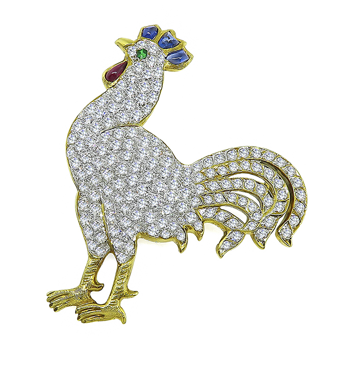 Estate 4.50ct Diamond Gold Rooster Pin