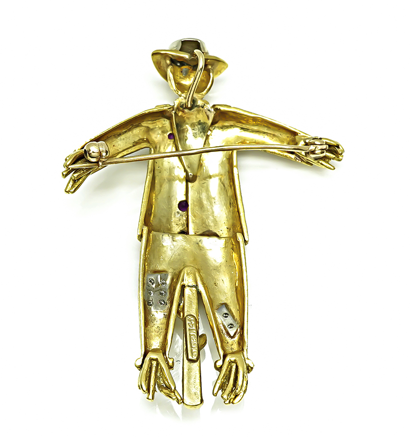 Estate Diamond Ruby Gold Scarecrow Pin / Pendant