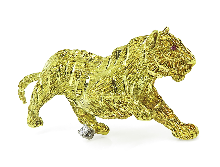 Estate Diamond Yellow Gold Tiger Pin