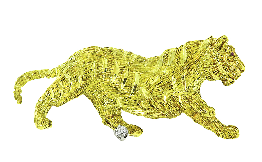 Estate Diamond Yellow Gold Tiger Pin