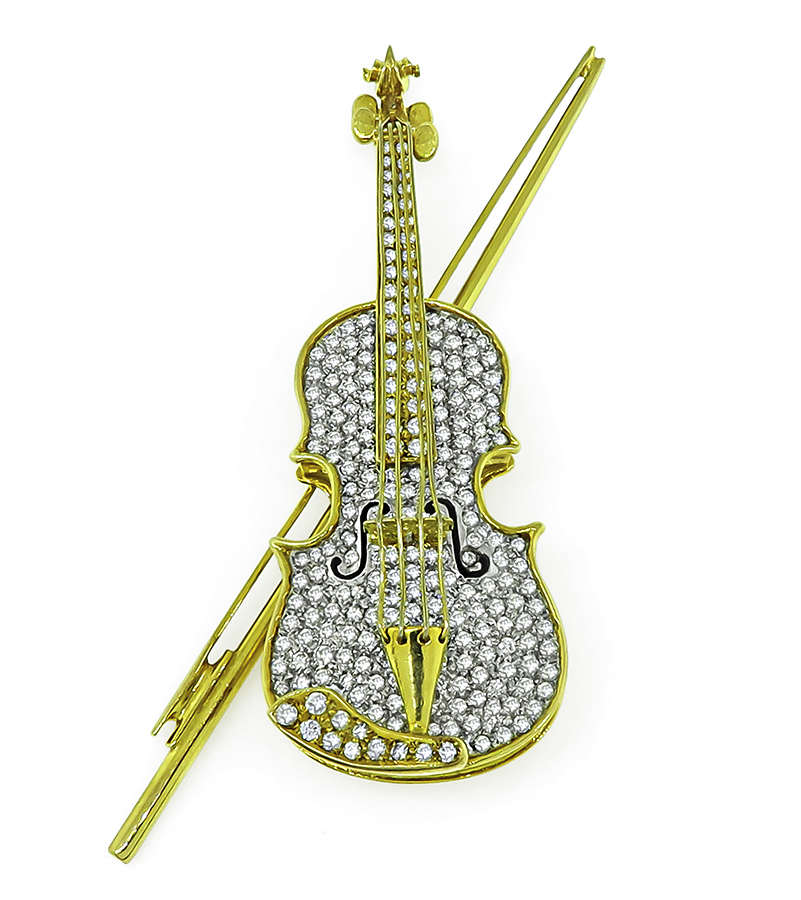 Vintage 3.50ct Round Cut Diamond Gold Enamel Violin Pin