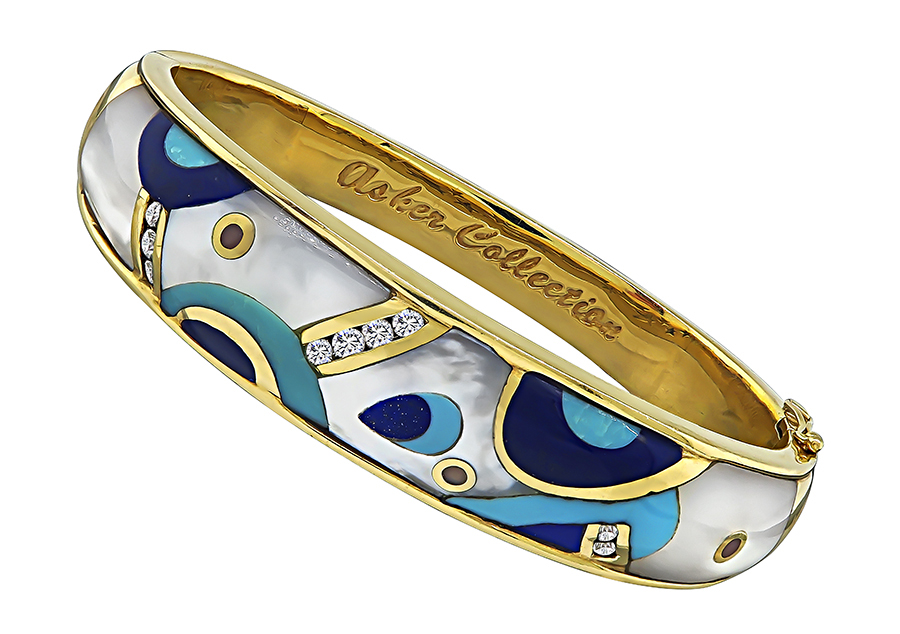 Estate Diamond Multi-Gemstone Inlaid Gold Bangle