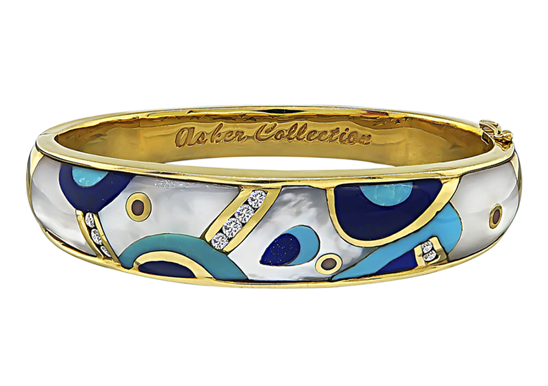 Estate Diamond Multi-Gemstone Inlaid Gold Bangle