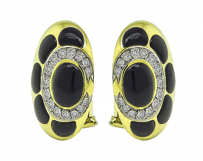 Estate 1.50ct Diamond Onyx Gold Earrings