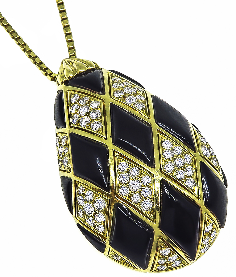 Estate 2.00ct Diamond Onyx Gold Pendant Necklace