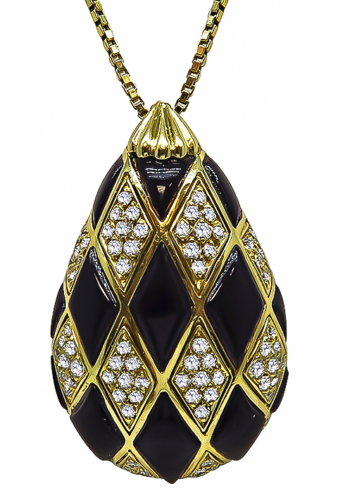 Estate 2.00ct Diamond Onyx Gold Pendant Necklace