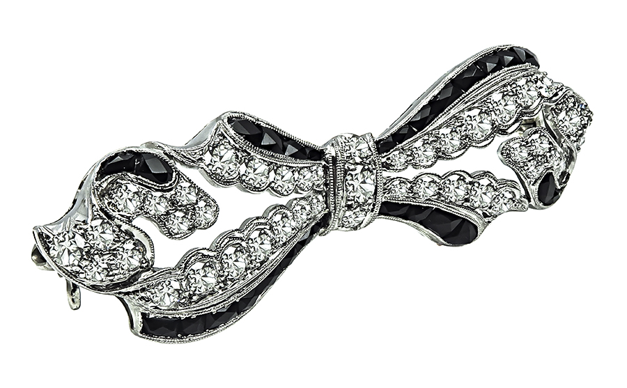 Vintage 2.50ct Diamond Onyx Bow Pin