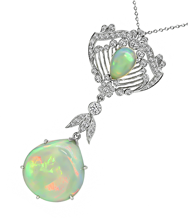 Estate 0.50ct Diamond Opal Pendant Necklace