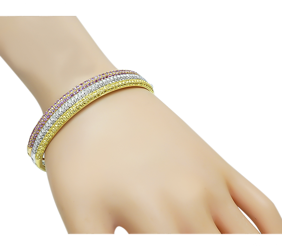 Estate 8.00ct Pink and Yellow Sapphire 3.30ct Diamond Three Tone Gold Bangle
