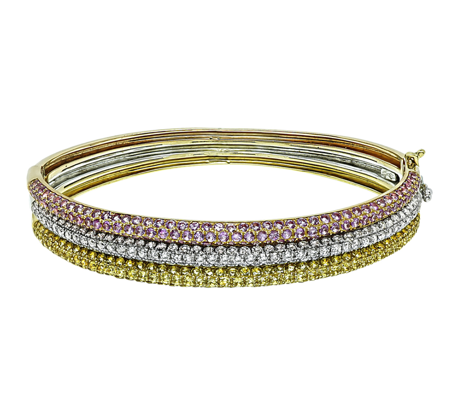 Estate 8.00ct Pink and Yellow Sapphire 3.30ct Diamond Three Tone Gold Bangle